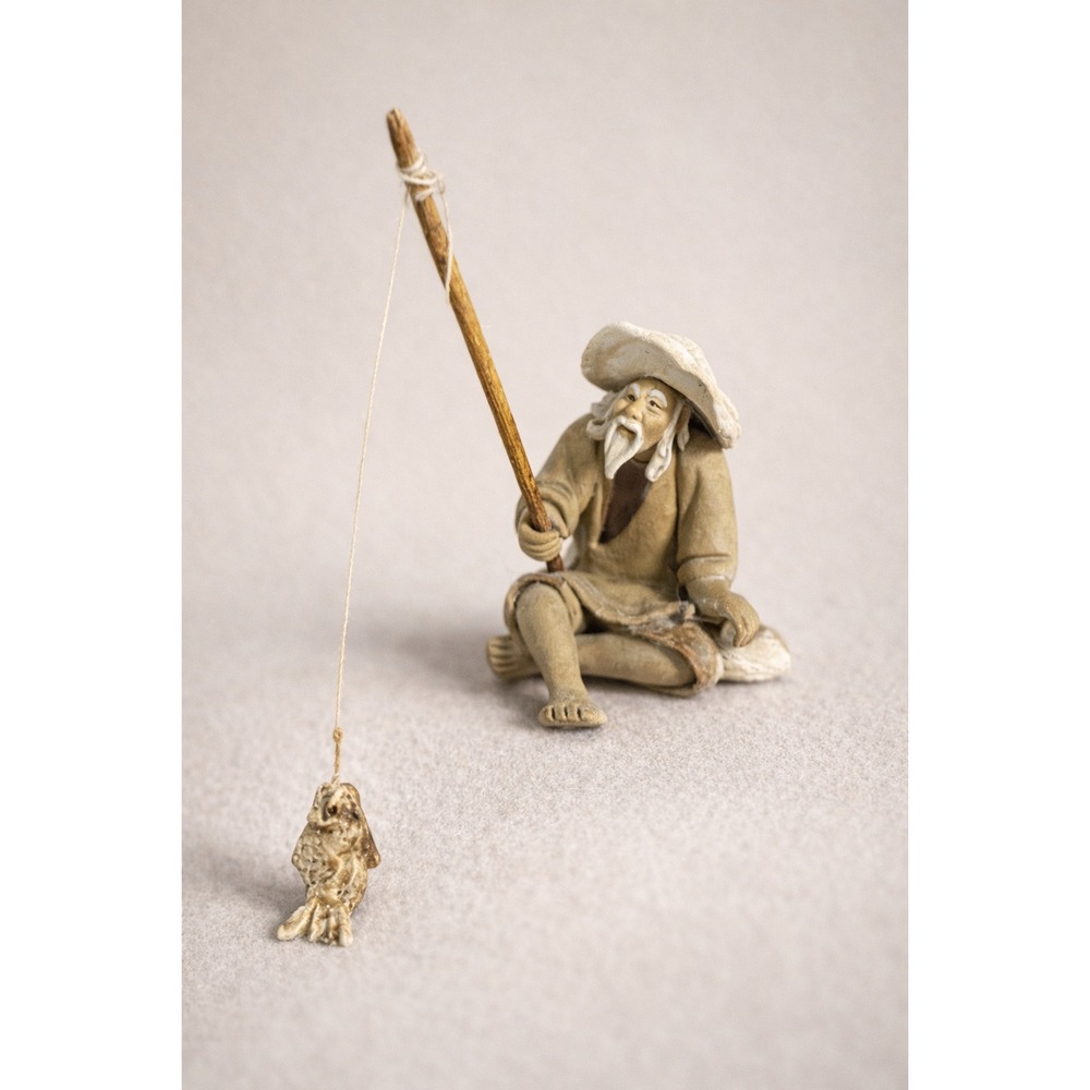 Chinese Mudman‎ Fisherman Figurine Mini Clay Shiwan Pottery Fishing Man